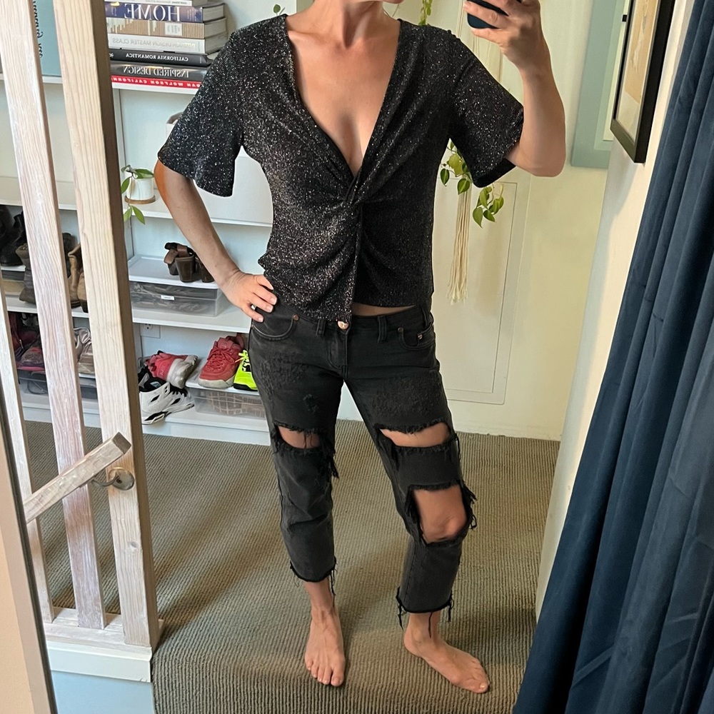Black Sparkly Going Out Top with Sleeves and Front Knot